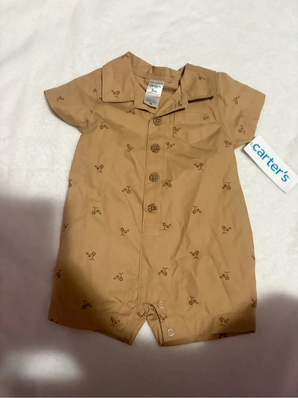 Carter's Tan Short-Sleeve Button Front Baby One-Piece with Tiny Print